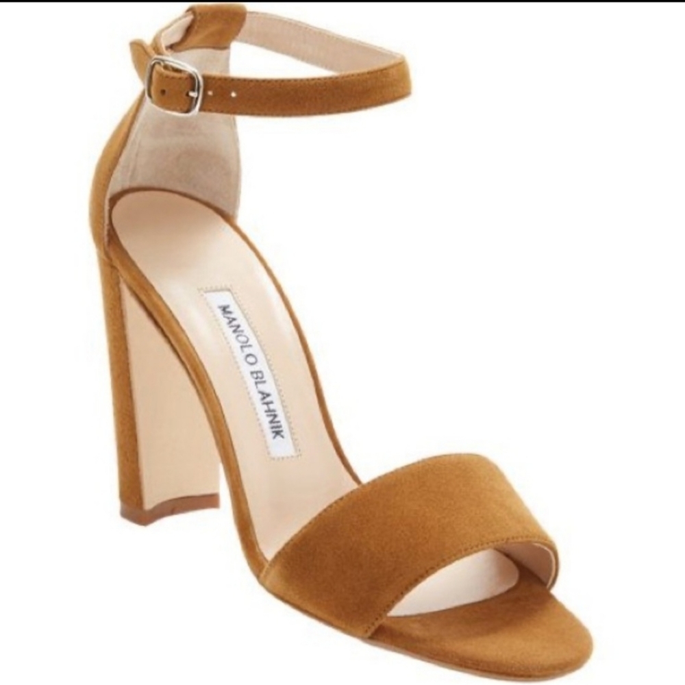 Manolo Blahnik tan chunky heels